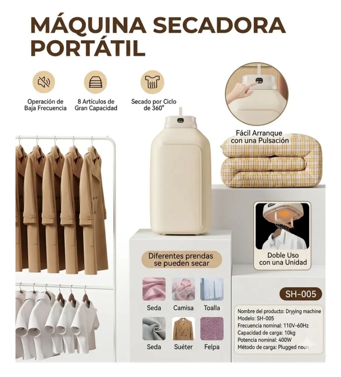 Secadora de Ropa Portátil 600W con Luz UV y Temporizador