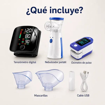 Kit de Salud 3 en 1 – Tensiómetro + Nebulizador + Oxímetro